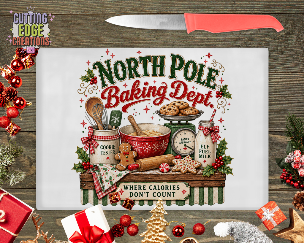 North Pole Baking Dept. – Christmas Glossy Glass Chopping Board – 285 × 200 mm
