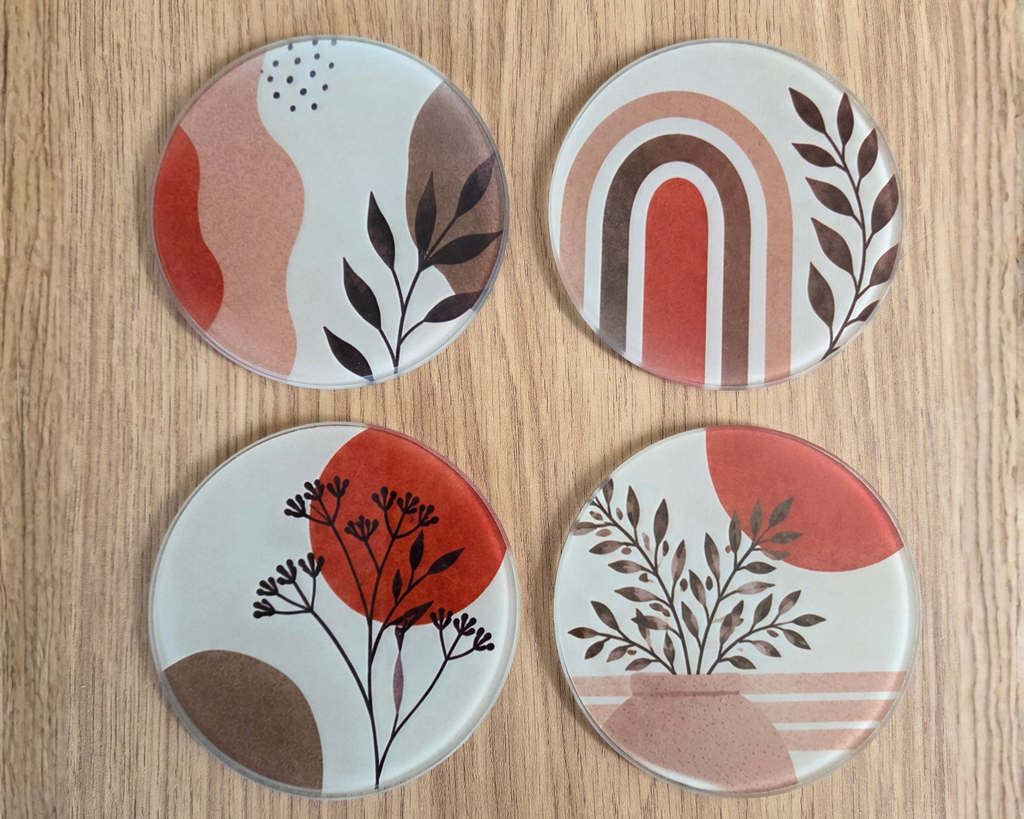 Glass coasters set of 4 - Orange and Green Neutral Botanical Design