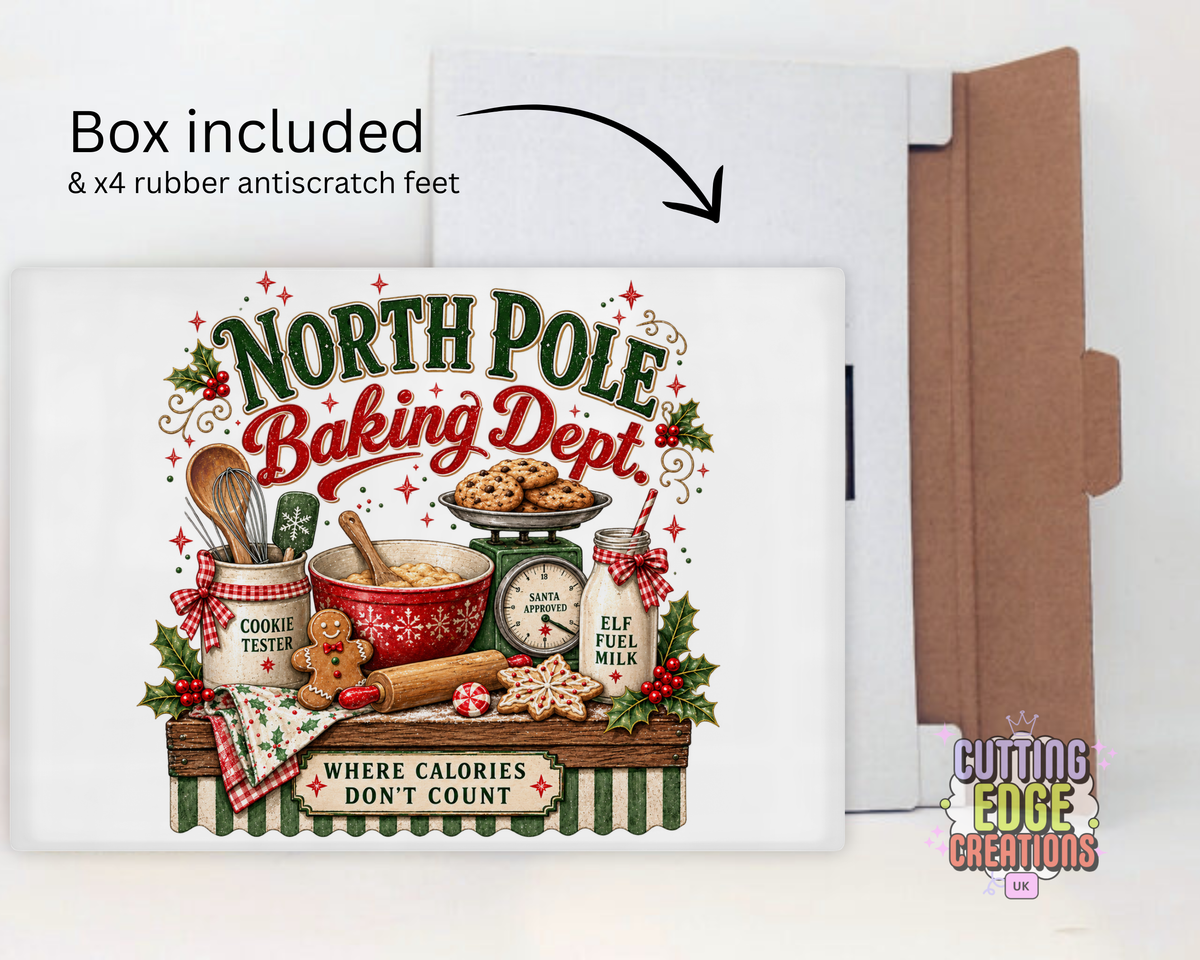 North Pole Baking Dept. – Christmas Glossy Glass Chopping Board – 285 × 200 mm
