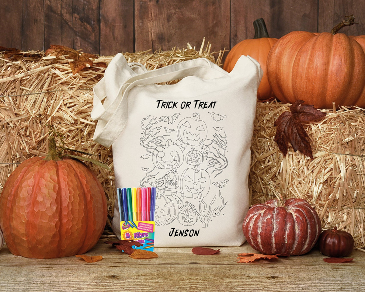 Colour your own trick or treat tote bag - Personalised - Felt pens included