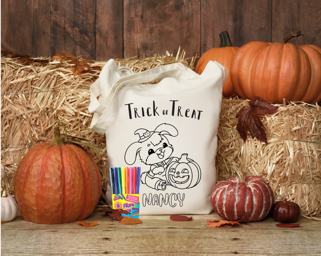 Colour your own trick or treat tote bag - Personalised - Felt pens included - Younger kids